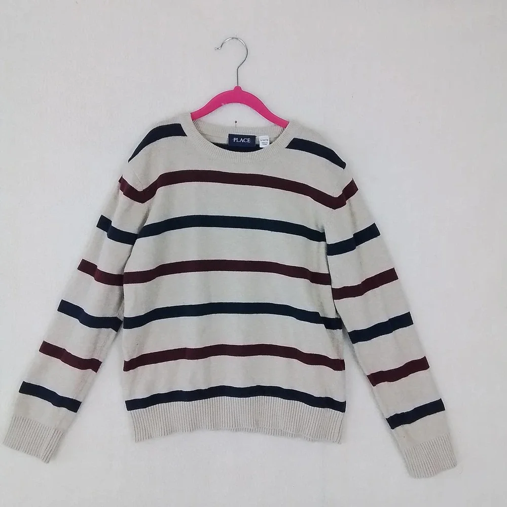 Children's Place Cotton Crew Neck Knit Sweater Size Large in‎ Tan w/ Stripes